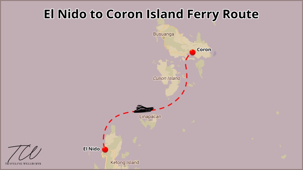 A map of the El Nido to Coron ferry route.
