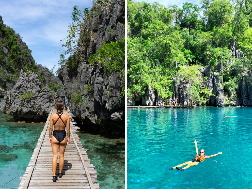 A woman swimming in Kayangan Lake in Coron, Palawan, Philippines. The water is a rich blue and the lake is surrounded in limestone cliffs.