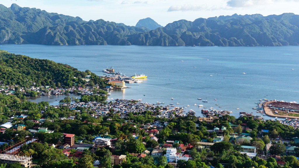 A view of the ocean and rigged mountains from Mt. Tapayas in Coron, Palawan, Philippines.