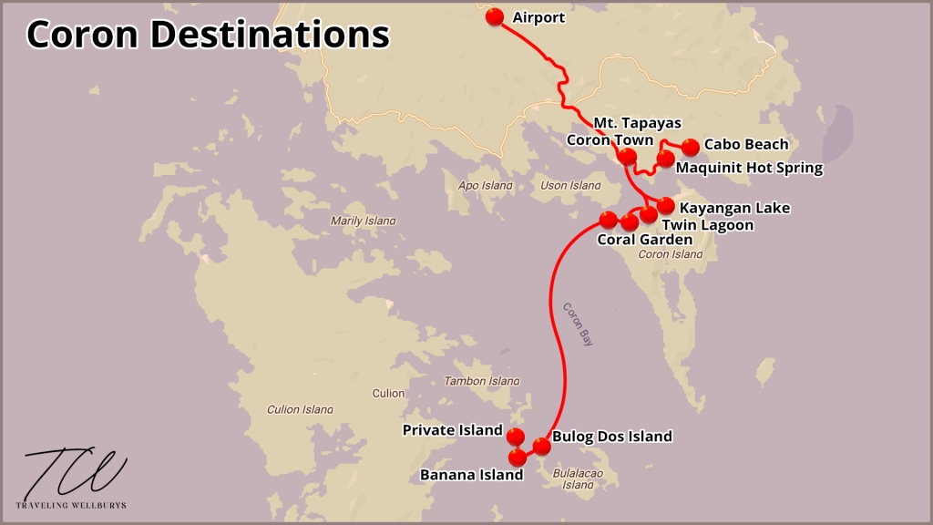 A map of Coron, Philippines tourist destinations.