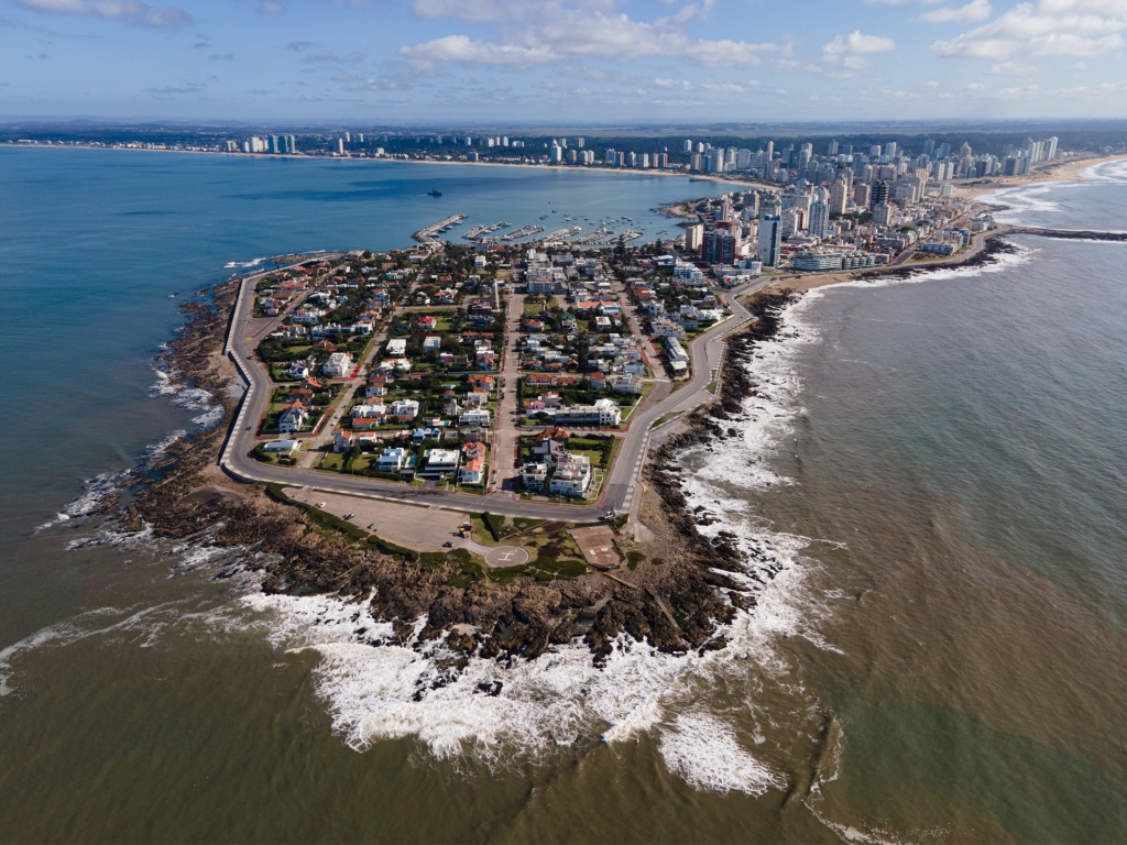 An aerial photograph of the peninsula of Punta del Este, Uruguay.